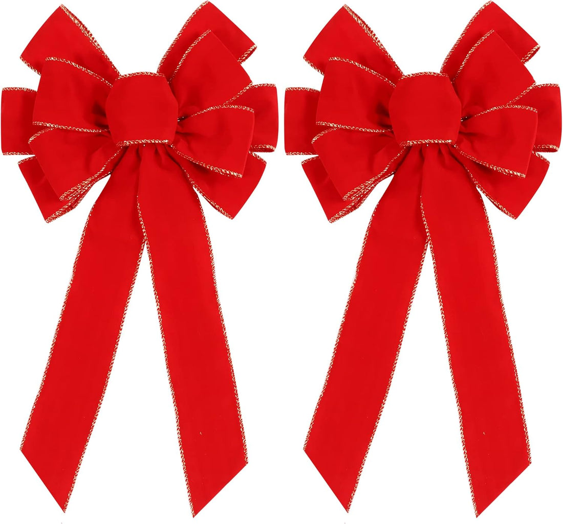 2 Pack Red Christmas Bows Outdoor Decorations,12”x20” Large Christmas Tree Topper Bow, Velvet Wreath Bow with Glitter Gold Edge for Xmas Home Front Door Decor