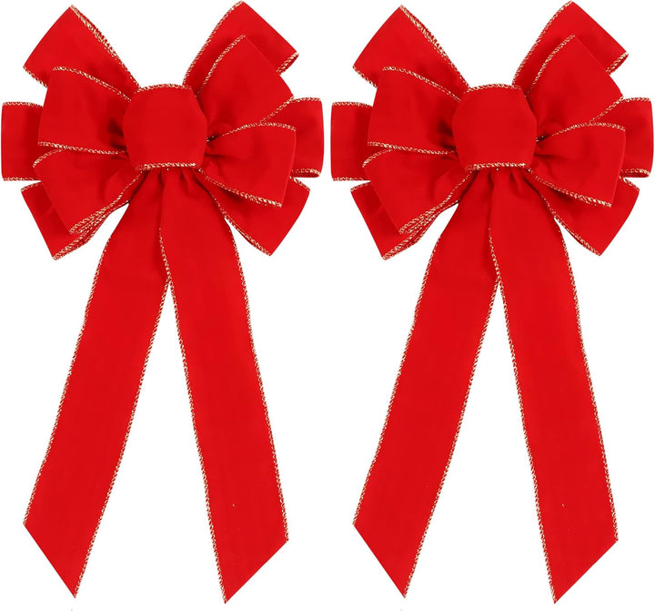 2 Pack Red Christmas Bows Outdoor Decorations,12”x20” Large Christmas Tree Topper Bow, Velvet Wreath Bow with Glitter Gold Edge for Xmas Home Front Door Decor