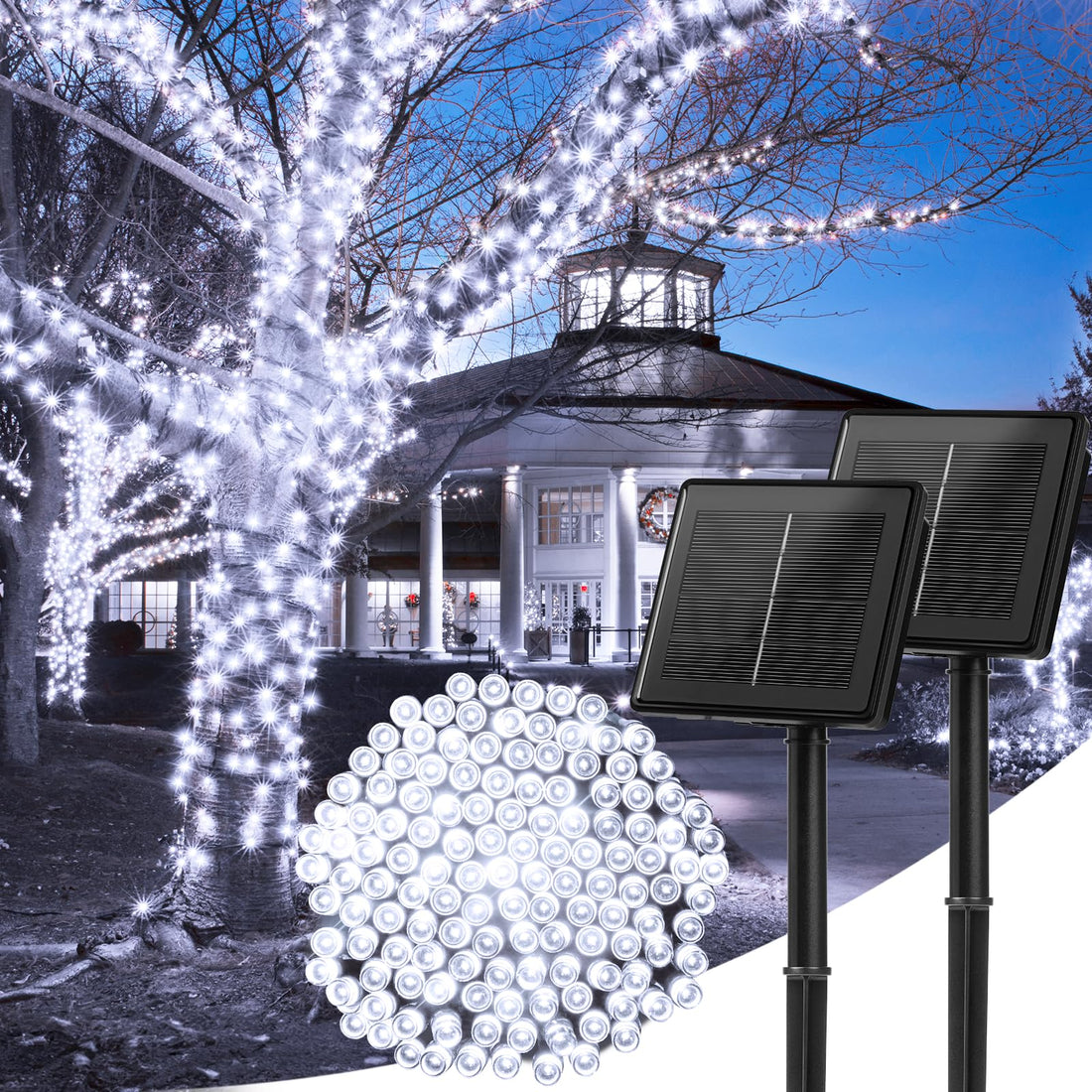 Minetom Solar String Lights Outdoor Waterproof- 40 FT 100 LED Solar Powered String Lights with 8 Lighting Modes, IP65 Waterproof Solar Christmas Lights for Outdoor Outside Tree Party Decor, Warm White