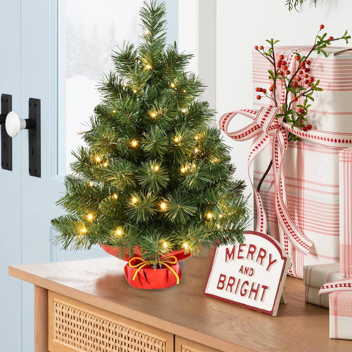 Pre-lit 2ft Small Christmas Tree, Leeheeyee Artificial mini Christmas Tree with 50 LED Lights, Battery Operated Tabletop Xmas Tree with Burlap Base for Table Desk Home Christmas Decor