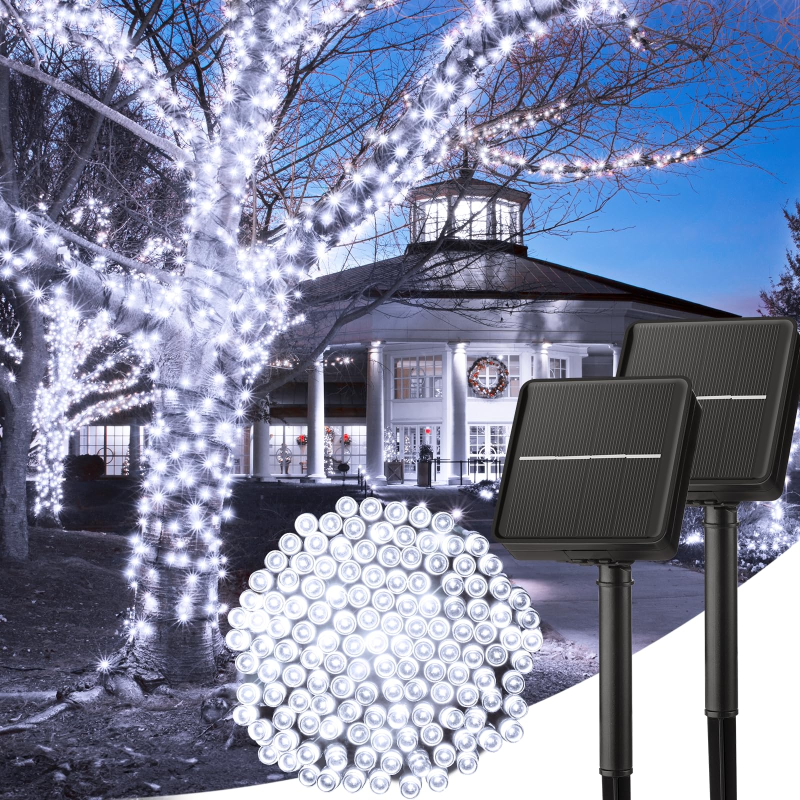 Minetom Solar String Lights Outdoor Waterproof- 40 FT 100 LED Solar Powered String Lights with 8 Lighting Modes, IP65 Waterproof Solar Christmas Lights for Outdoor Outside Tree Party Decor, Warm White