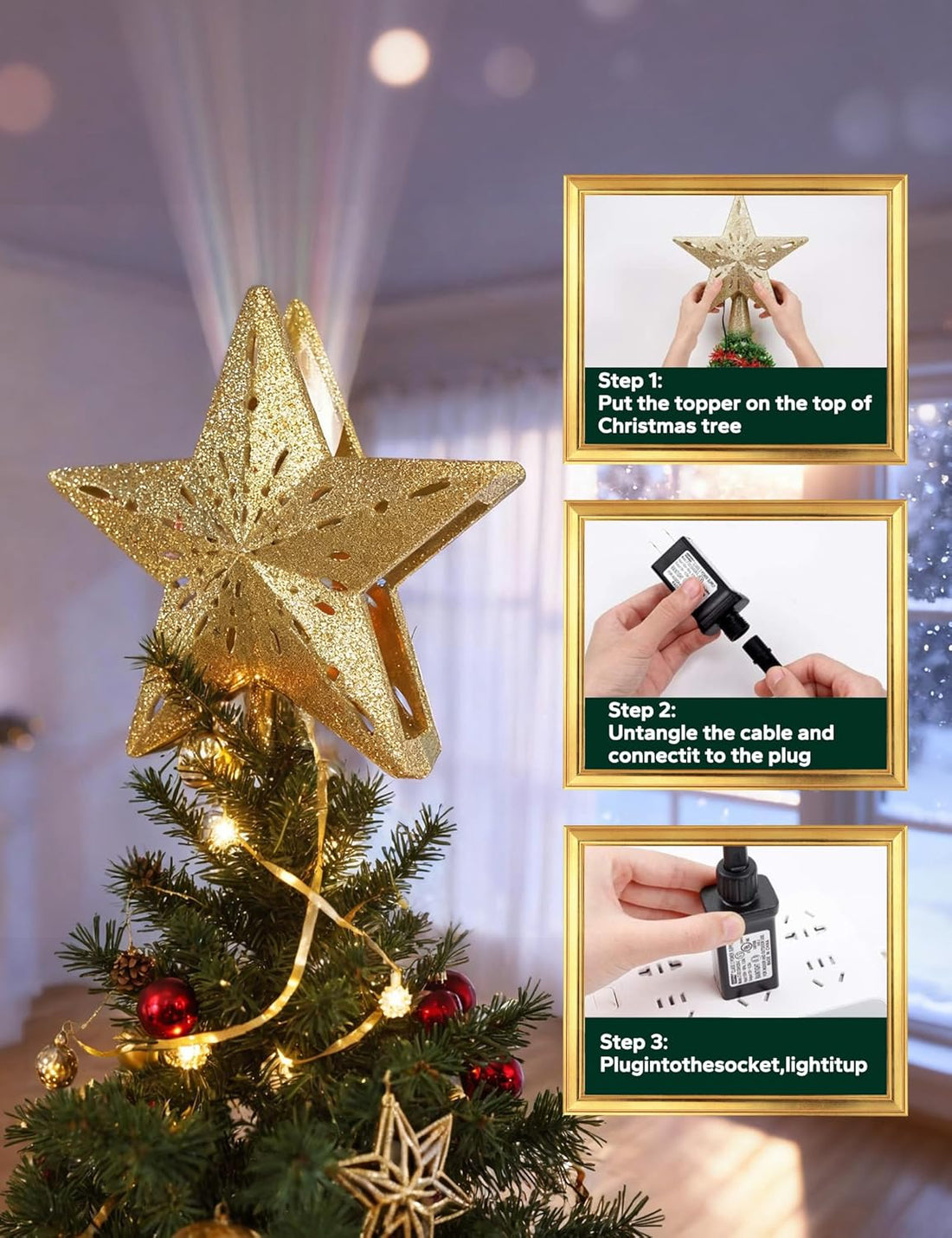 Sparkling Star Topper with Rotating Projector for Christmas Tree