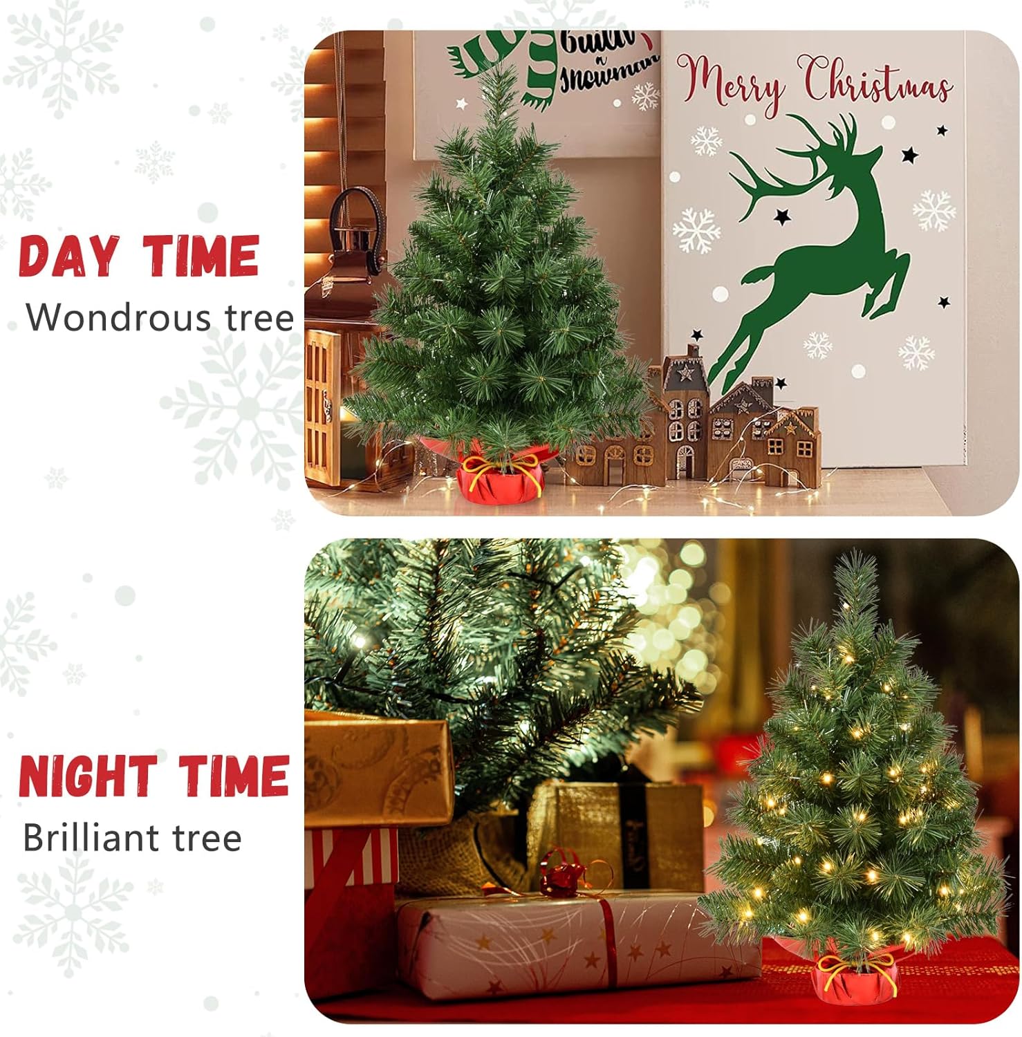 Pre-lit 2ft Small Christmas Tree, Leeheeyee Artificial mini Christmas Tree with 50 LED Lights, Battery Operated Tabletop Xmas Tree with Burlap Base for Table Desk Home Christmas Decor