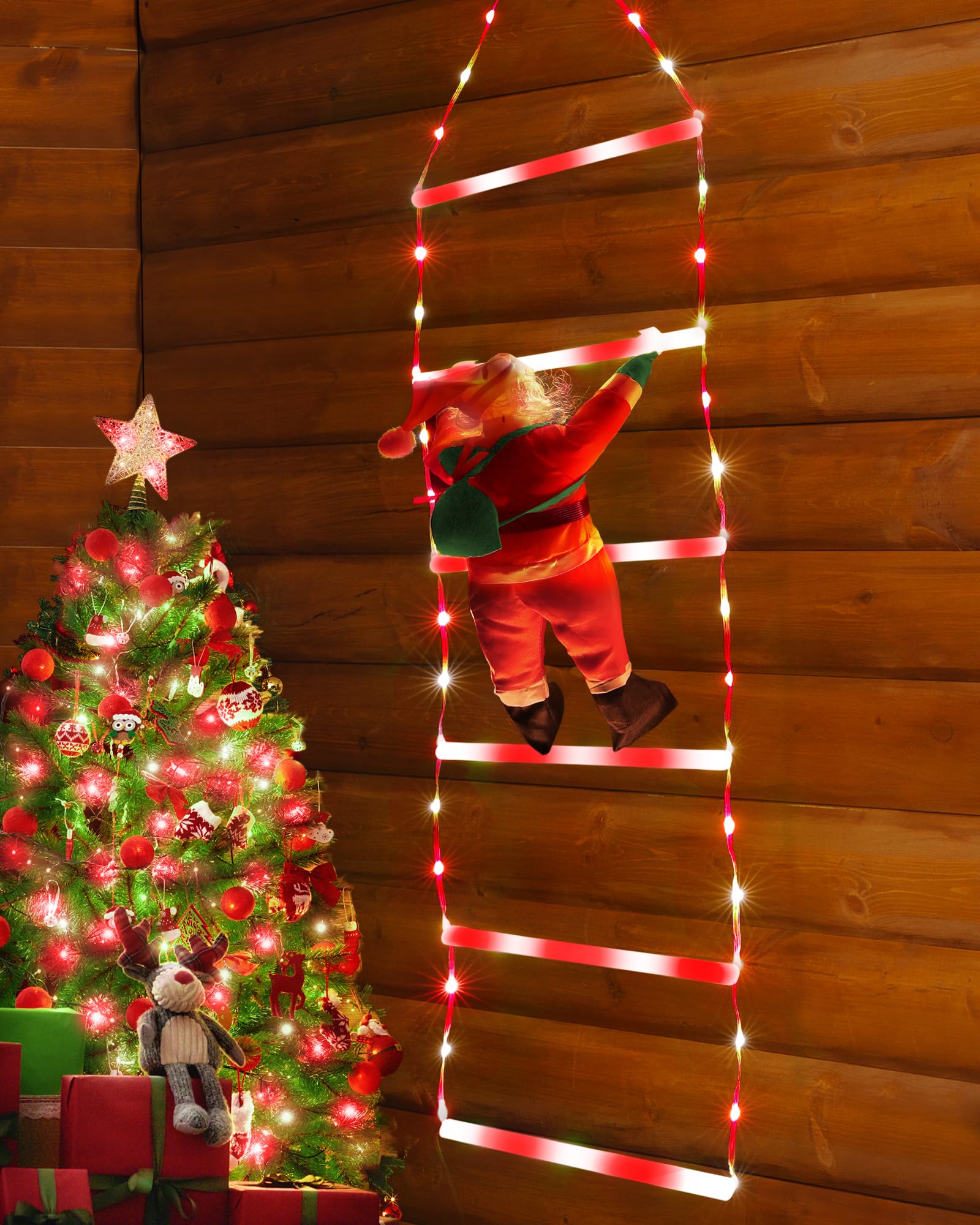 Toodour LED Christmas Lights - 10ft Christmas Decorative Ladder Lights with Santa Claus, Xmas Decorations Light for Indoor Outdoor, Window, Garden, Home, Wall, Xmas Tree Decor - Warm White
