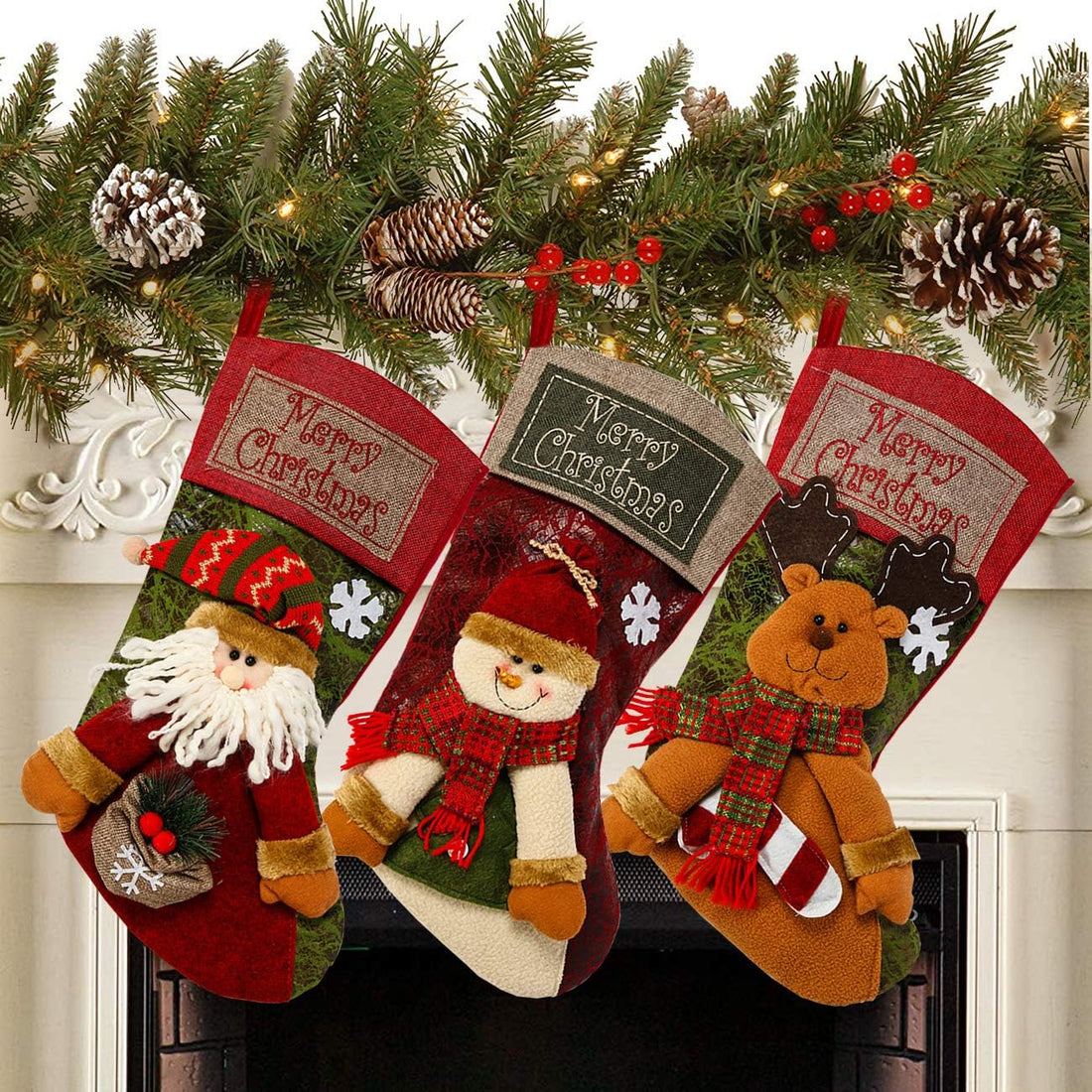 Sunnyglade 3PCS 18" Christmas Stocking Classic Large Stockings Santa